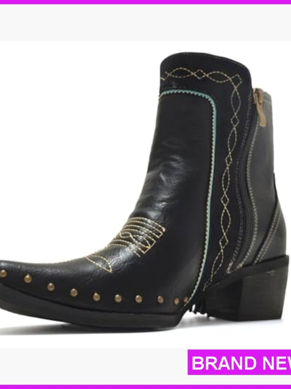 Western Fringe Booties Studded Turquoise Stones Ankle Boots Block Heel - Picture 3 of 7